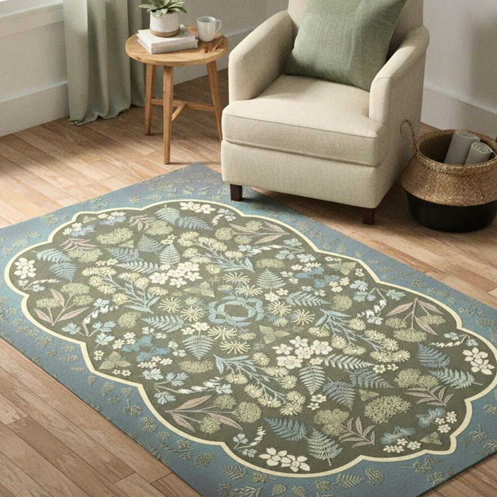 Sage Green Floral Botanical Rug | Cottagecore Art Nouveau Native Wildflower Area